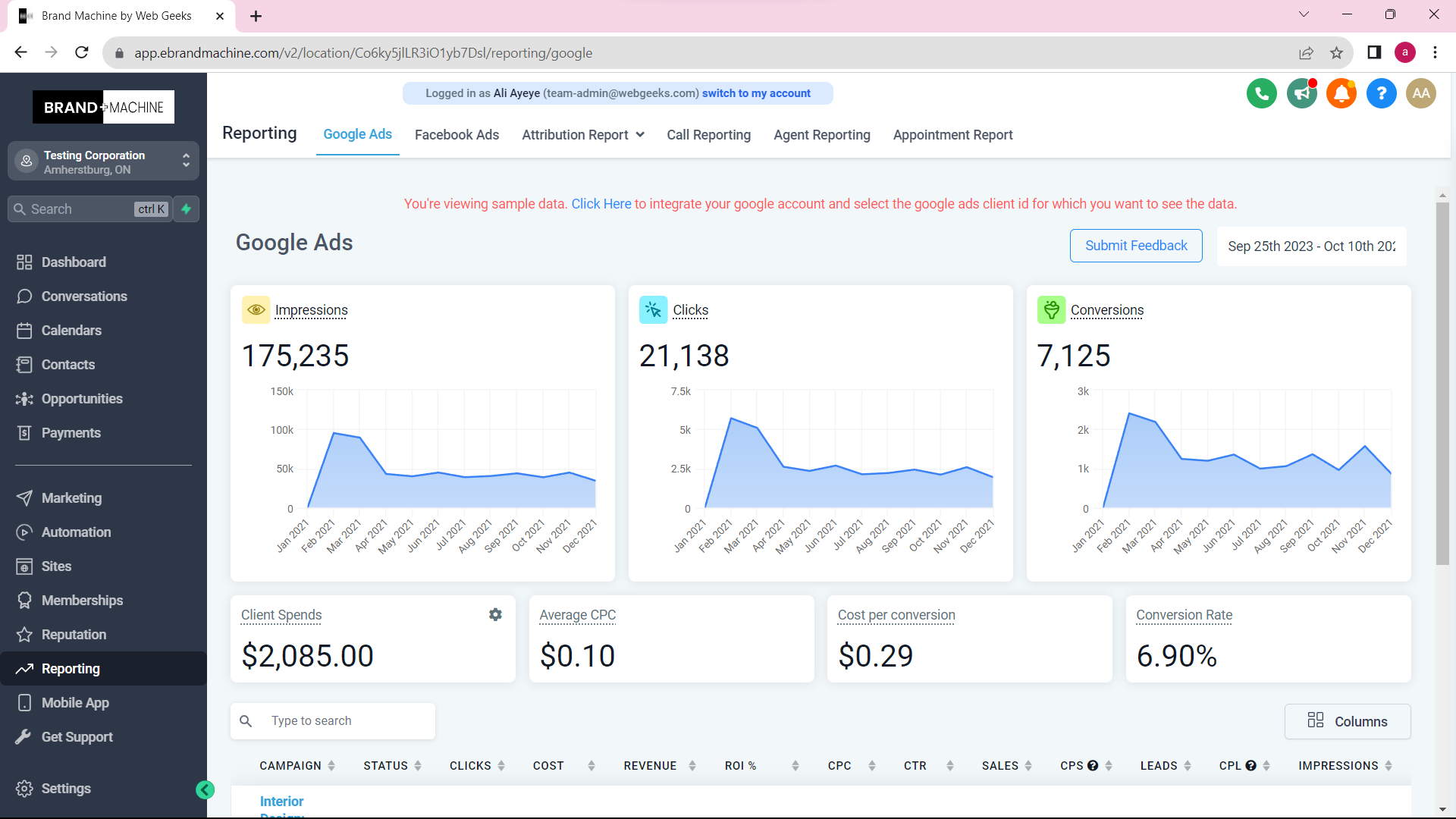 A sample report screenshot from Brand+Machine's reporting feature
